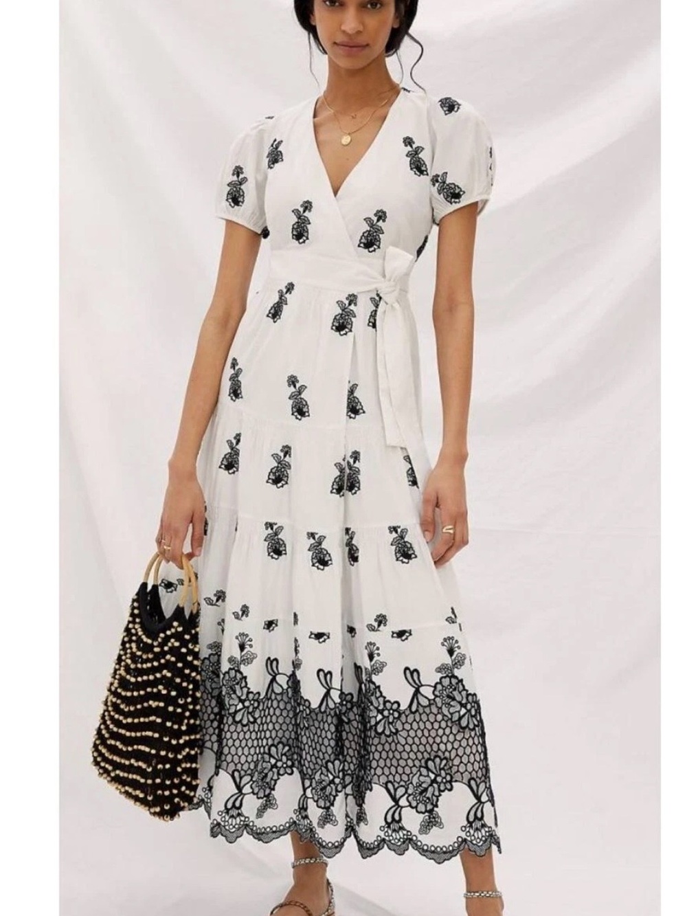 Anthropologie White Maxi Wrap Dress with Black Embroidered Motifs